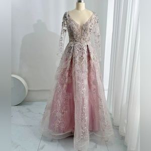 Pink floral long sleeve luxury formal gown